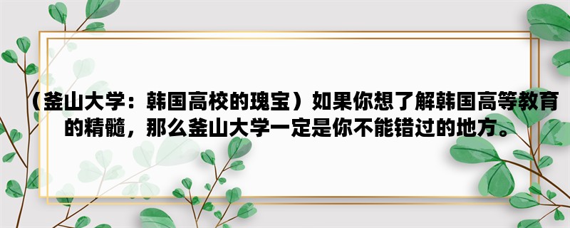 （釜山大学：韩国高校的瑰宝）如果你想了解韩国高等教育的精髓，那么釜山大学一定是你不能错过的地方。