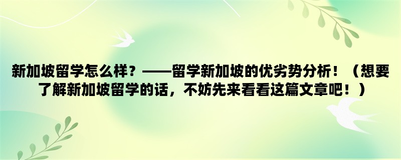 新加坡留学怎么样？——留学新加坡的优劣势分析！（想要了解新加坡留学的话，不妨先来看看这篇文章吧！）